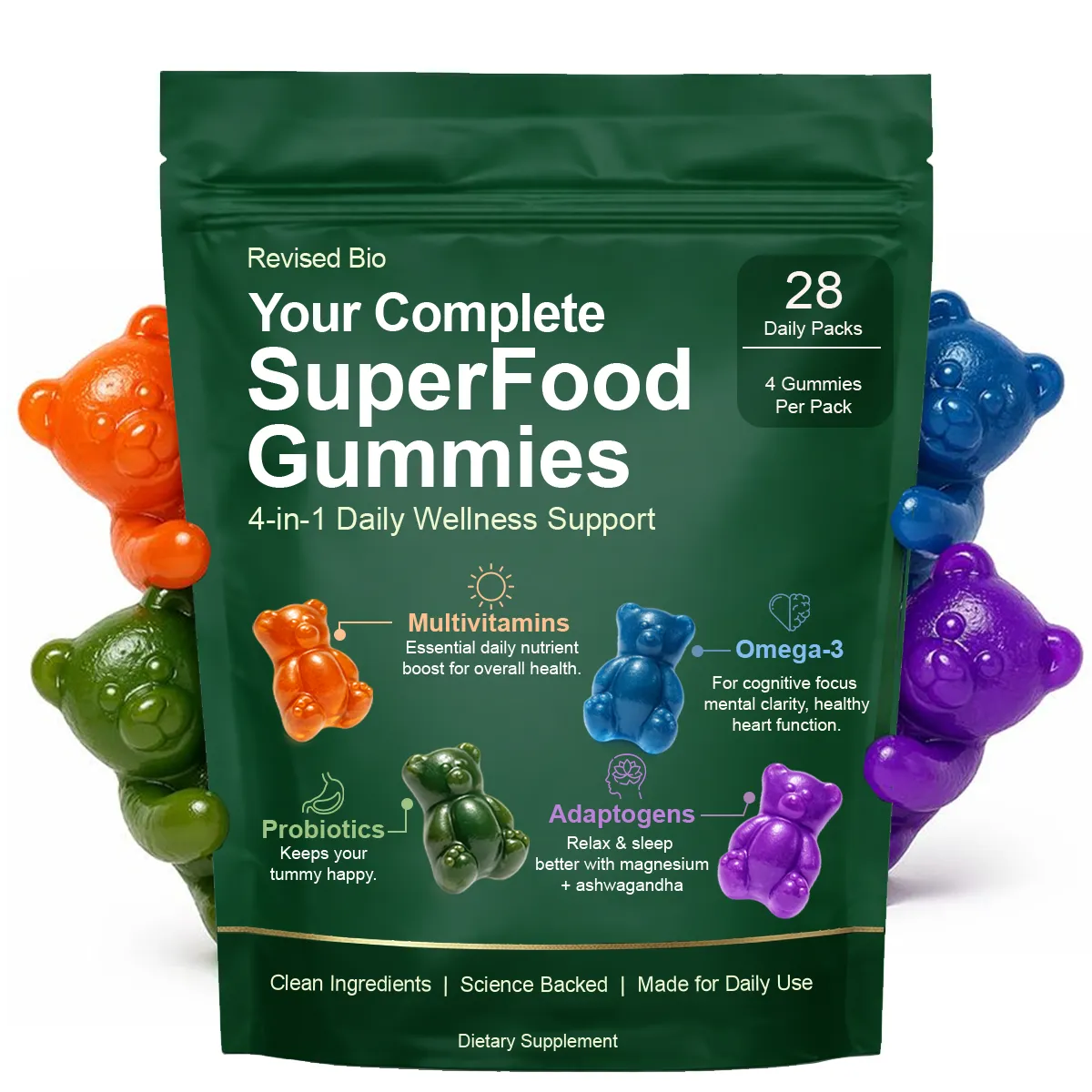 Revised Bio SuperFood Gummies pouch with four gummies