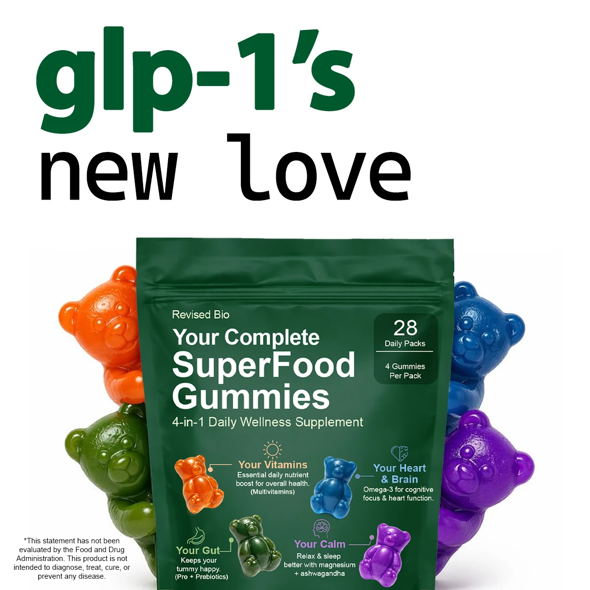 Revised Bio SuperFood Gummies pouch with four gummies