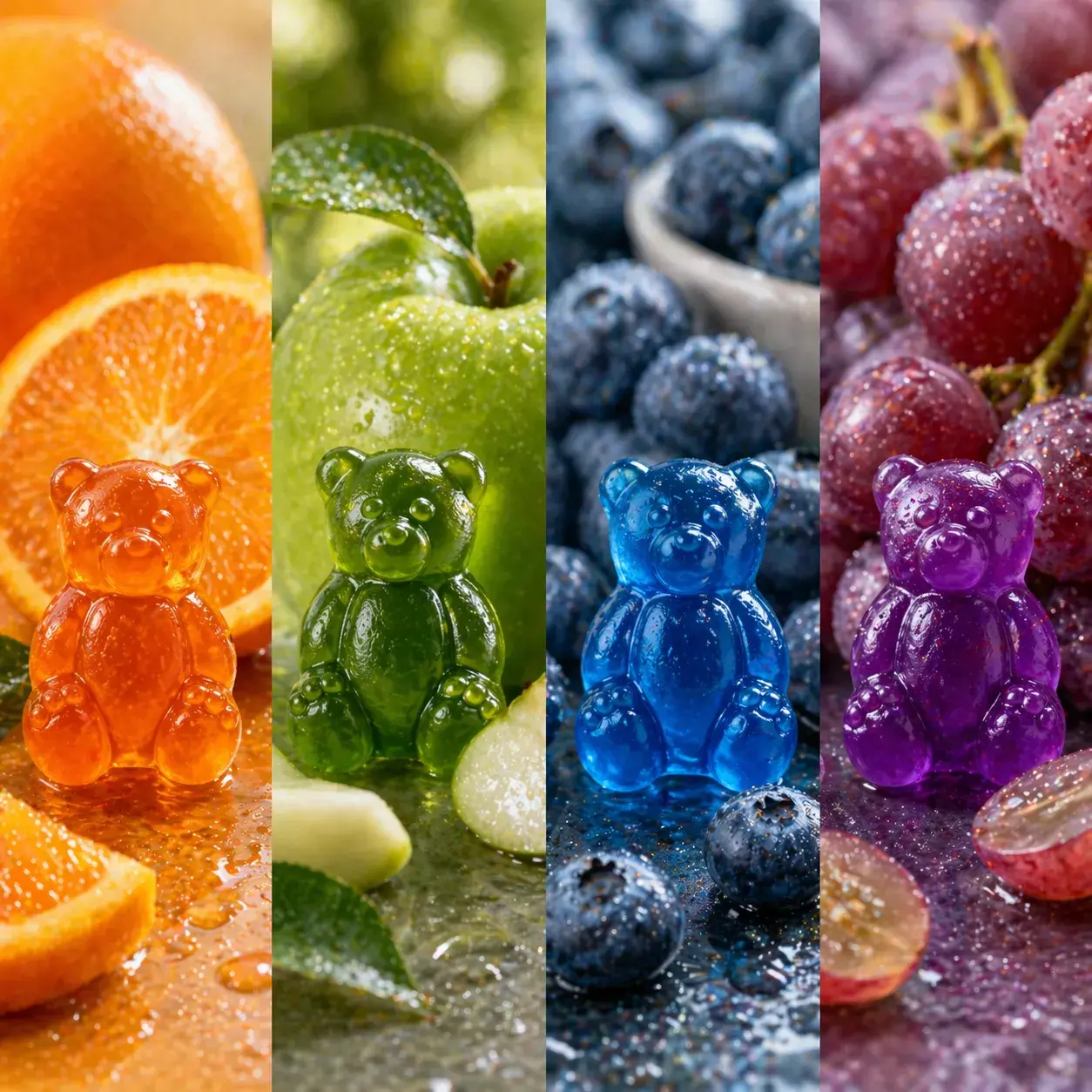 Four flavored gummies orange green apple blueberry grape