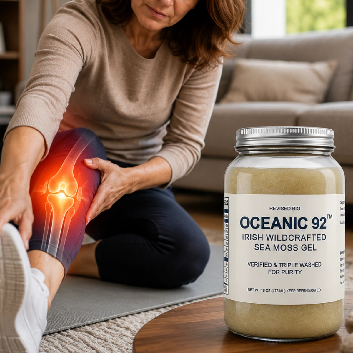 Oceanic 92 Irish Sea Moss Gel jar with knee mobility